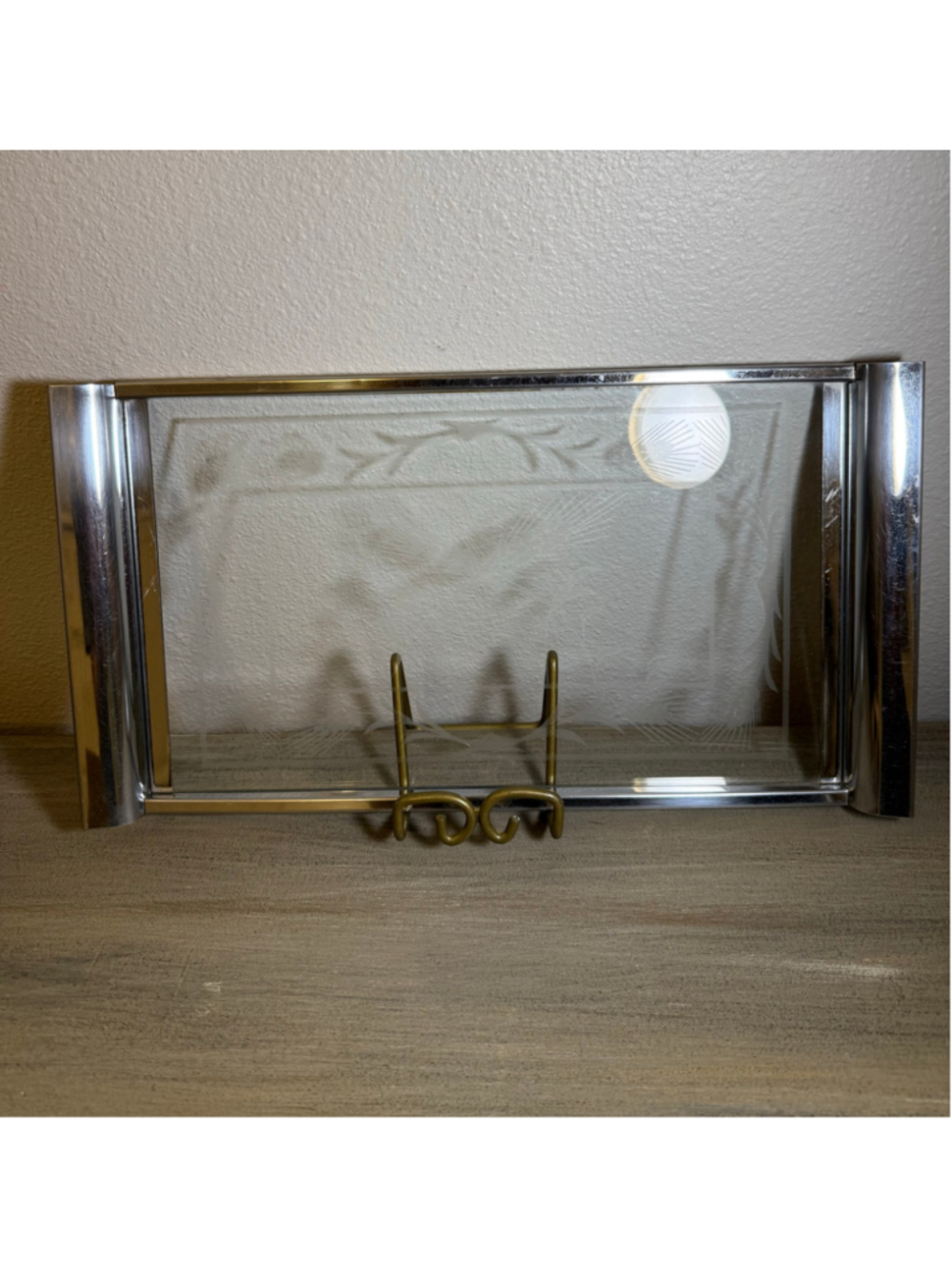 Javit Crystal serving tray chrome handles etched glass wheat design MCM
